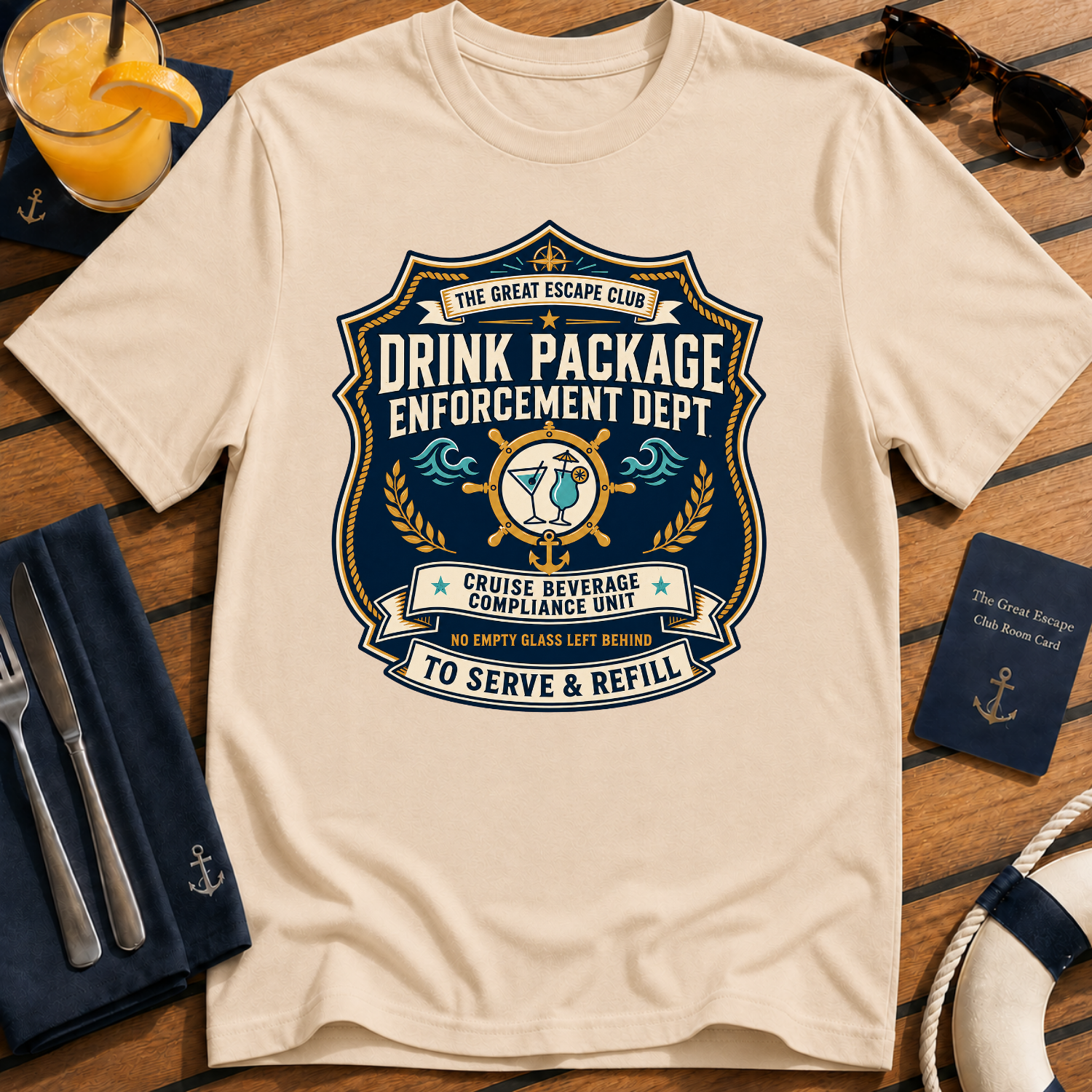 Drink Package Enforcement Dept funny cruise badge t-shirt design on Natural shirt