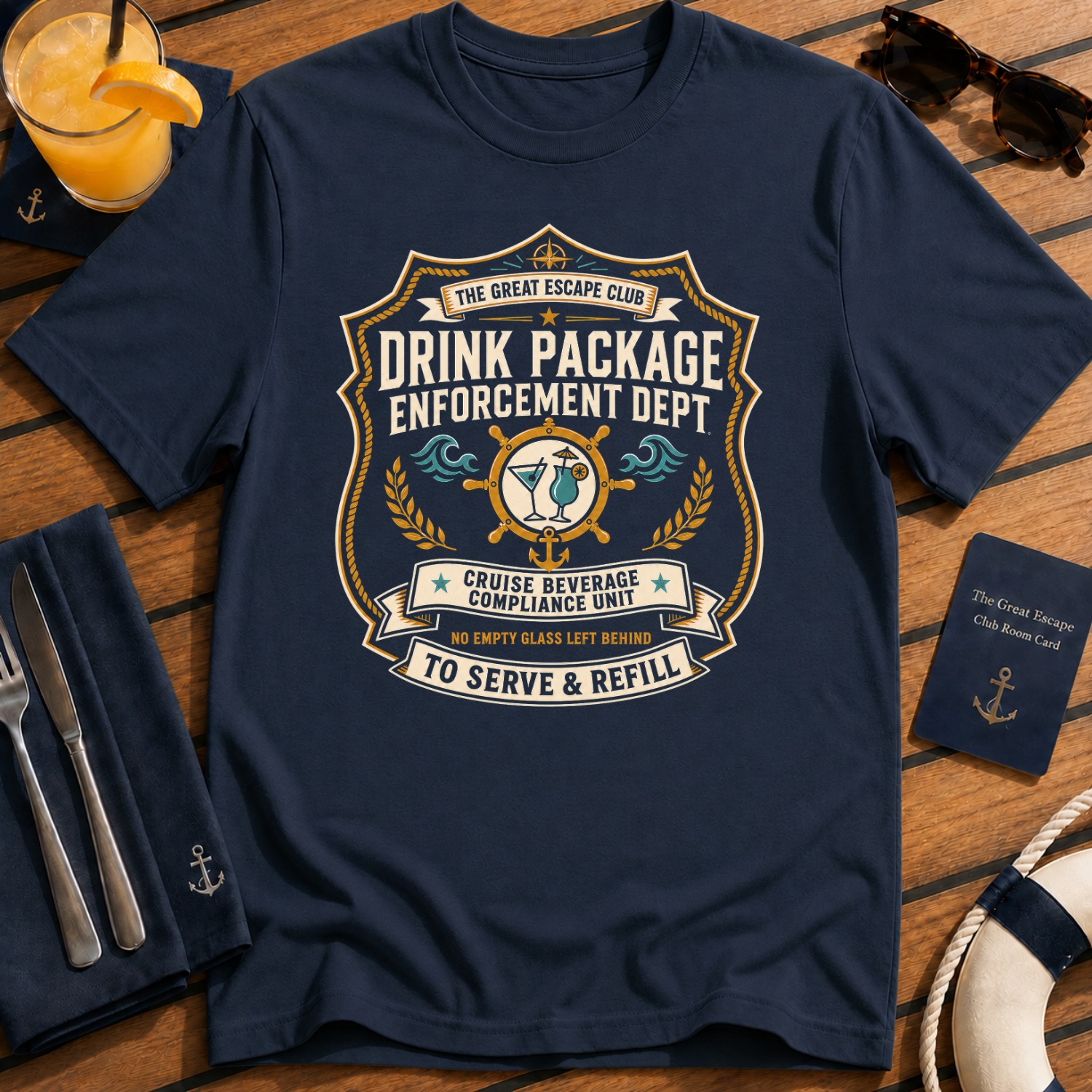 Drink Package Enforcement Dept funny cruise badge t-shirt design on Navy shirt