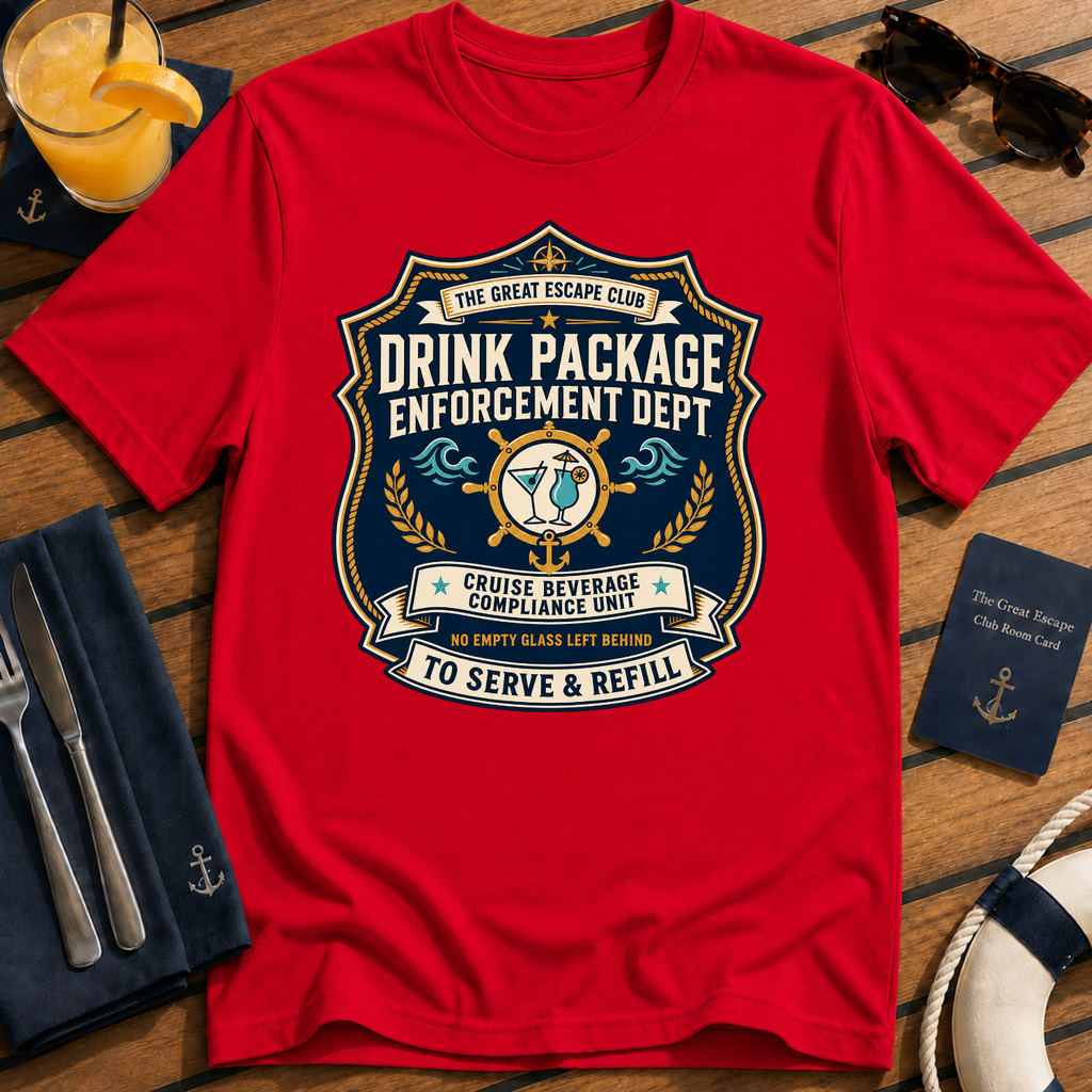 Drink Package Enforcement Dept funny cruise badge t-shirt design on Red shirt