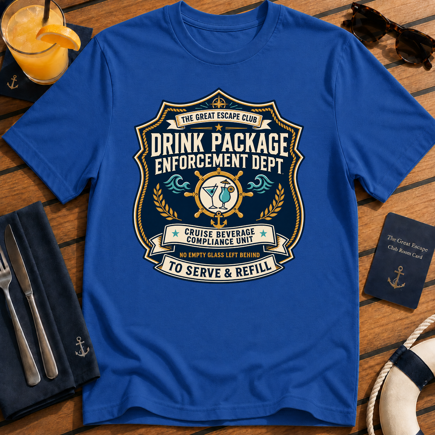 Drink Package Enforcement Dept funny cruise badge t-shirt design on Royal Blue shirt