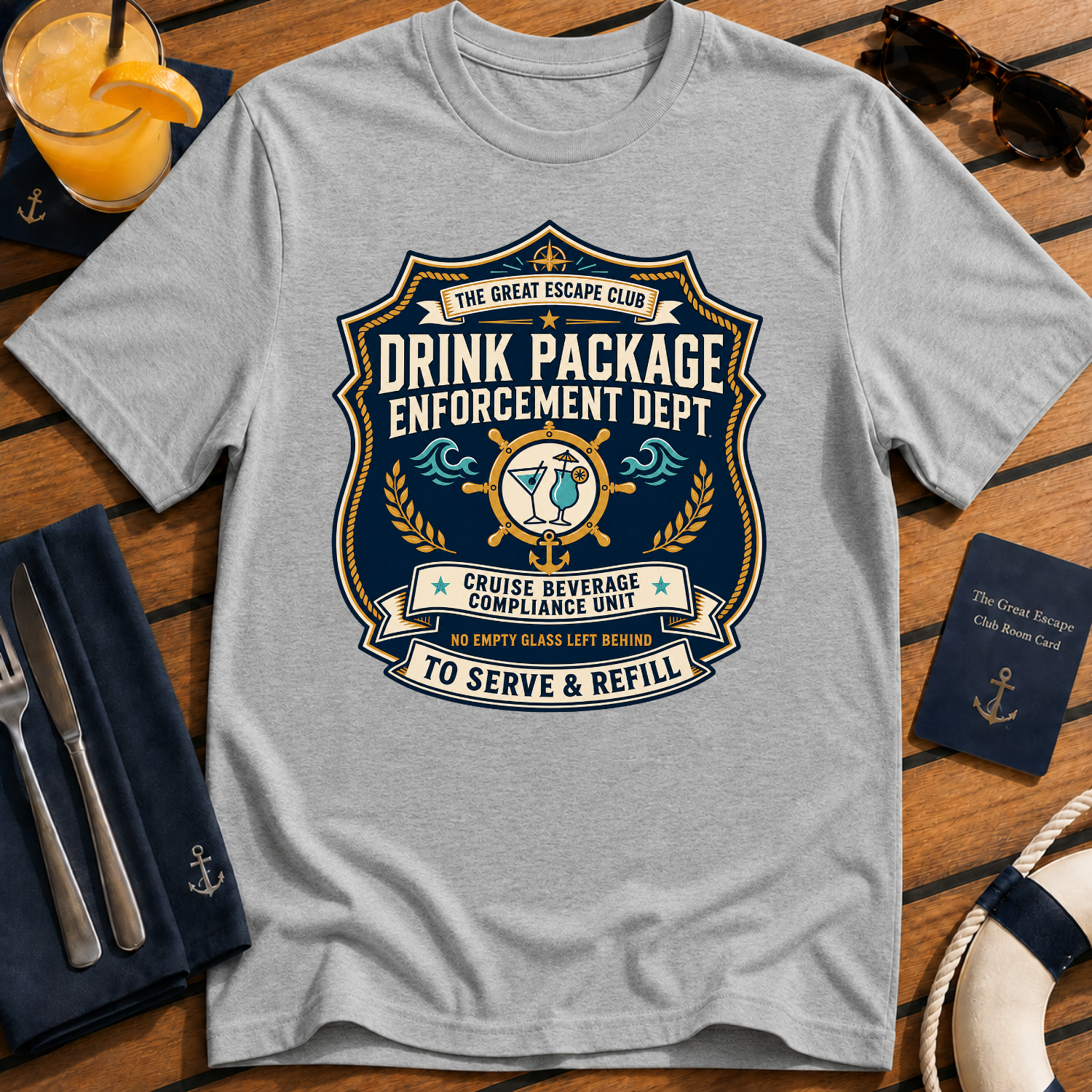 Drink Package Enforcement Dept funny cruise badge t-shirt design on Sport Grey shirt