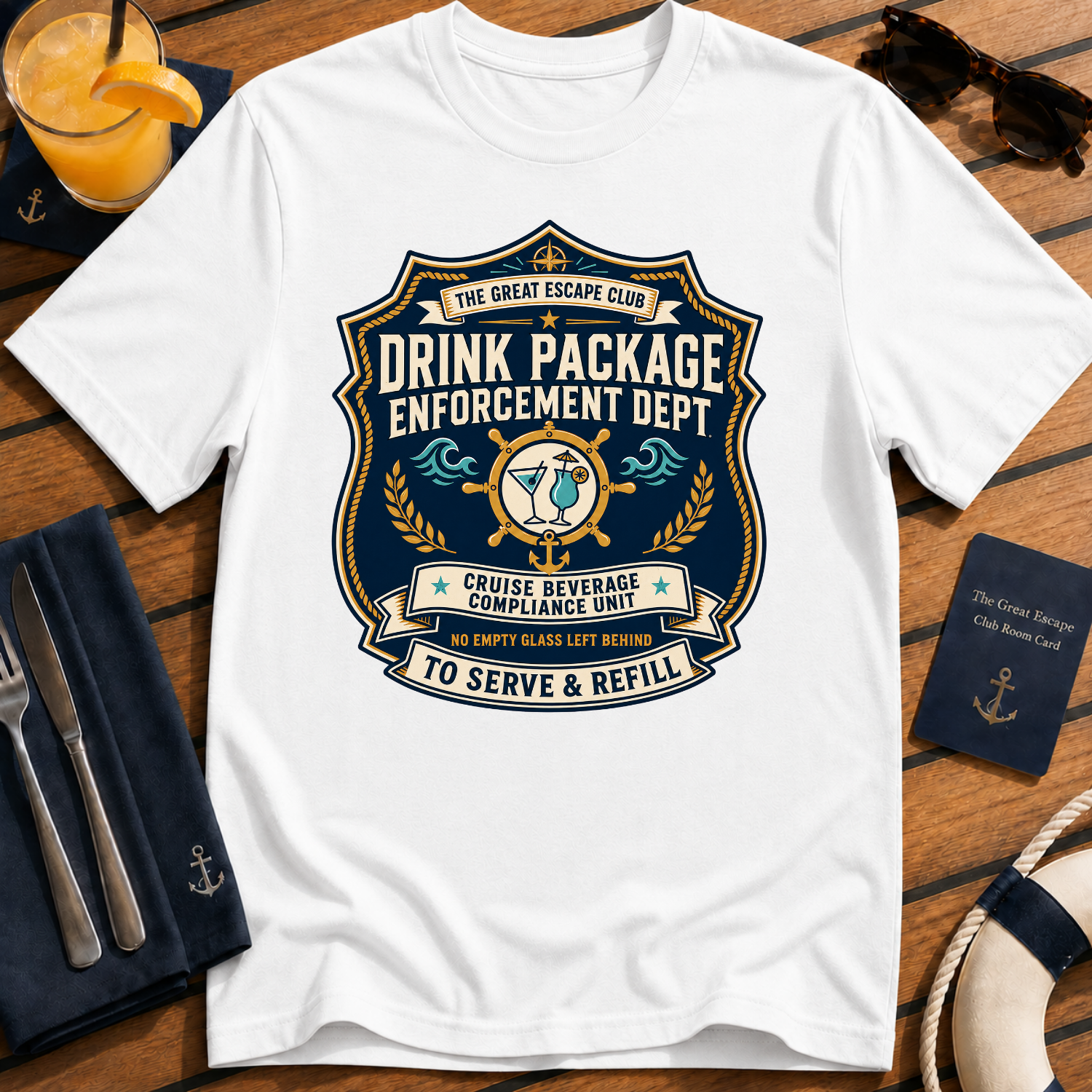 Drink Package Enforcement Dept funny cruise badge t-shirt design on White shirt