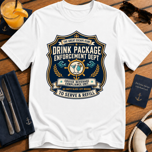 Drink Package Enforcement Dept funny cruise badge t-shirt design on White shirt