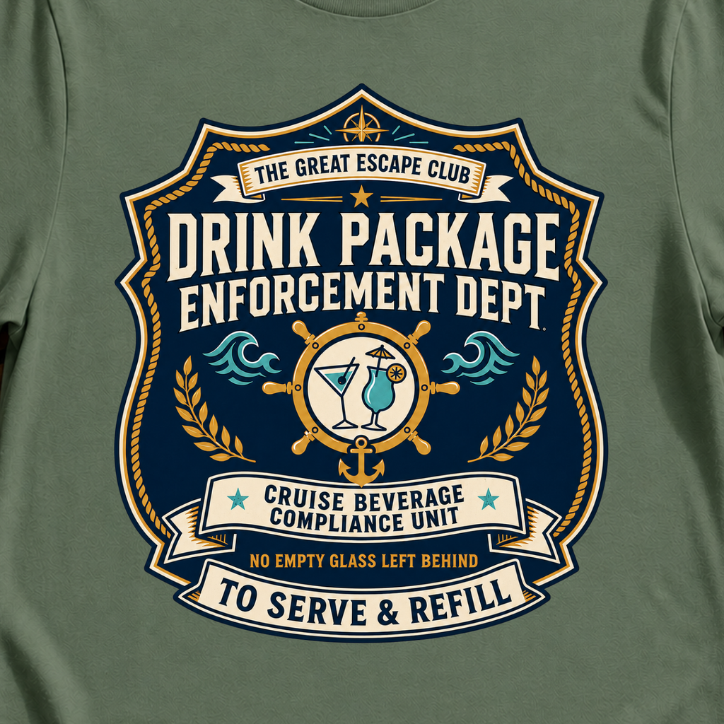 Drink Package Enforcement Dept funny cruise badge t-shirt design on Military Green shirt