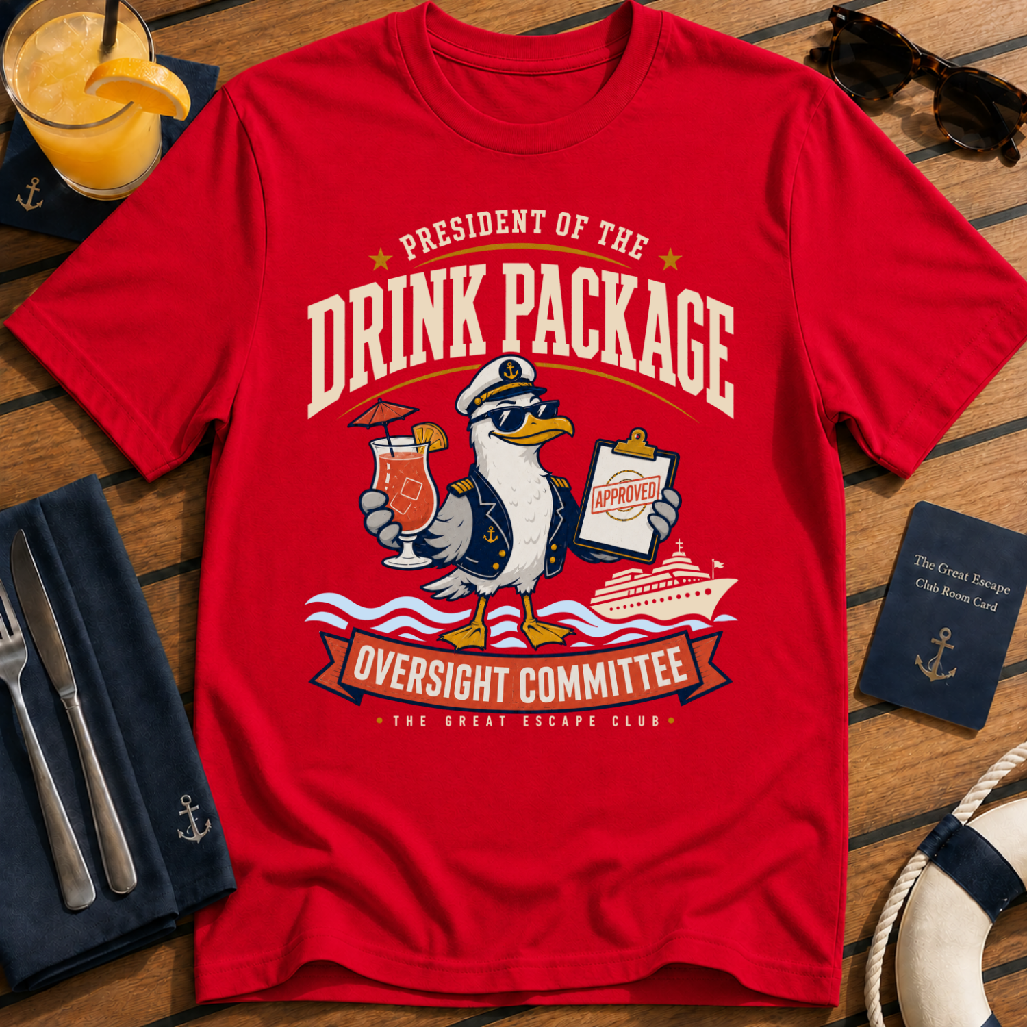Drink Package Oversight Committee funny cruise t-shirt design on Red shirt
