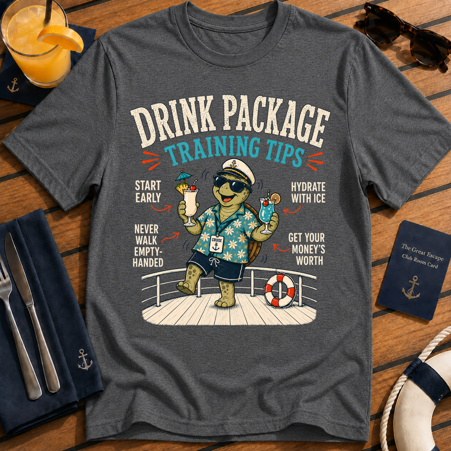 Drink Package Training Tips funny drink package cruise t-shirt design on Dark Heather shirt