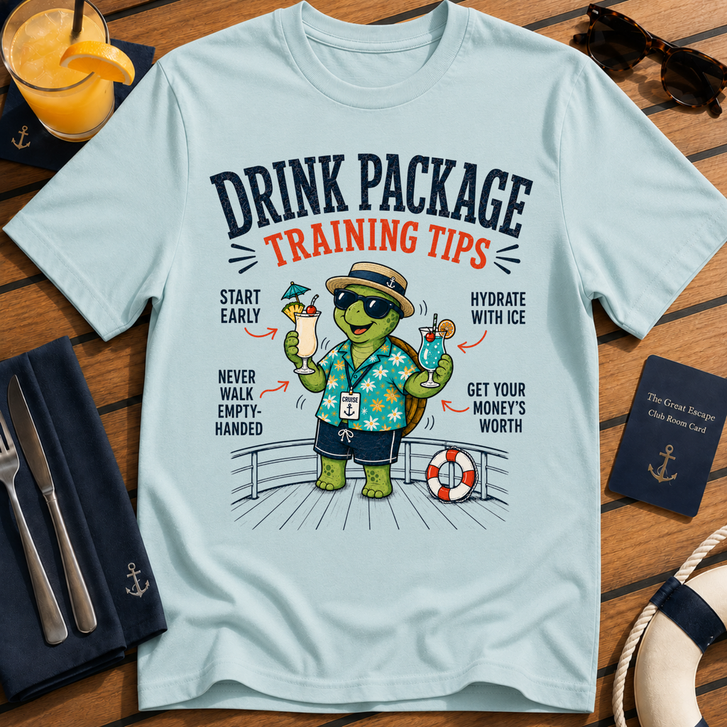 Drink Package Training Tips funny drink package cruise t-shirt design on Light Blue shirt