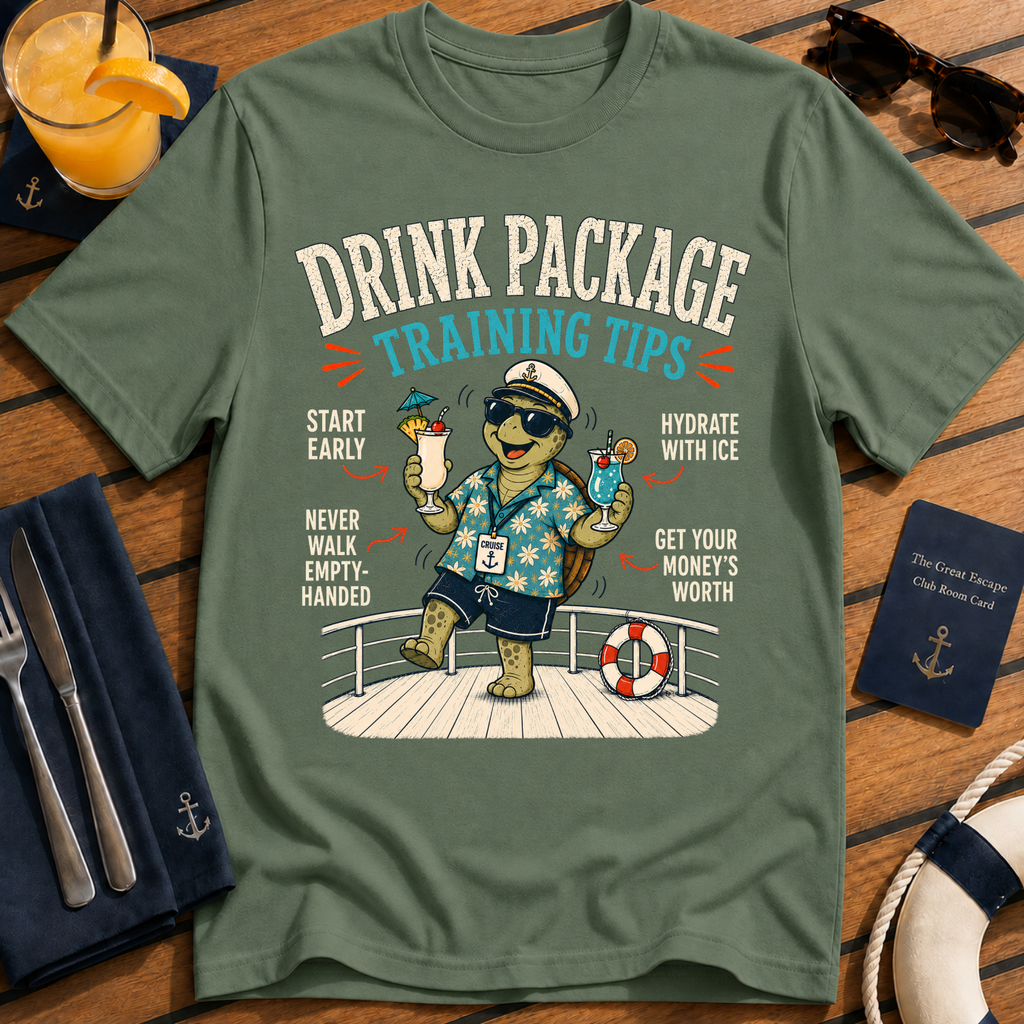 Drink Package Training Tips funny drink package cruise t-shirt design on Military Green shirt