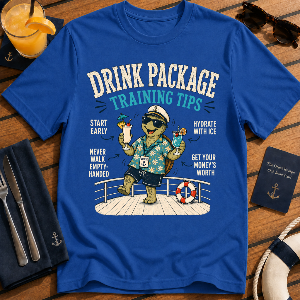 Drink Package Training Tips funny drink package cruise t-shirt design on Royal Blue shirt