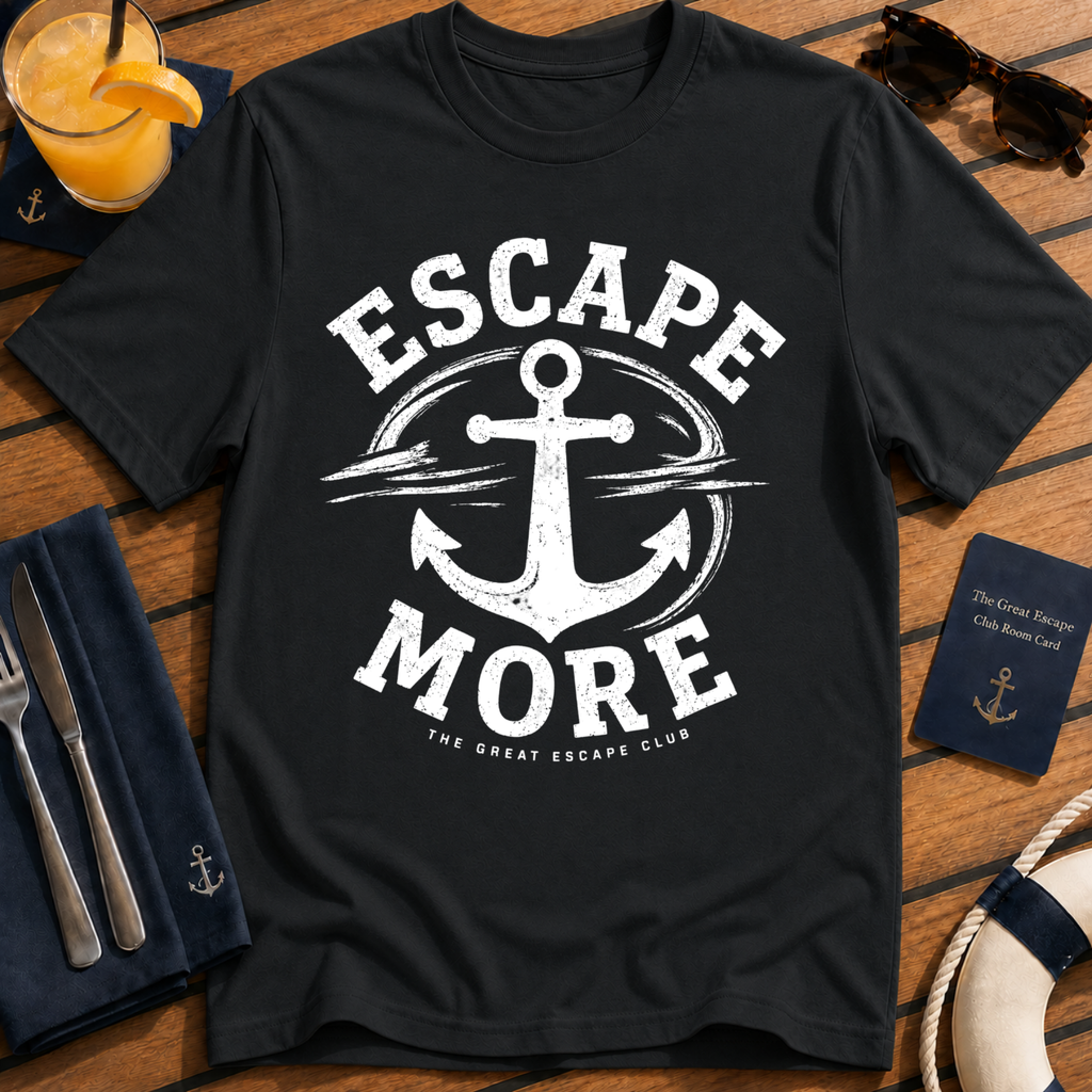 Escape More nautical anchor travel black t-shirt for cruise lovers and adventure seekers by The Great Escape Club