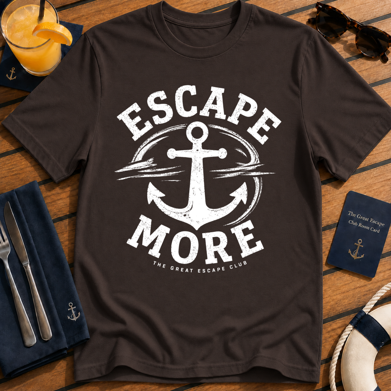 Escape More nautical anchor travel dark chocolate t-shirt for cruise lovers and adventure seekers by The Great Escape Club