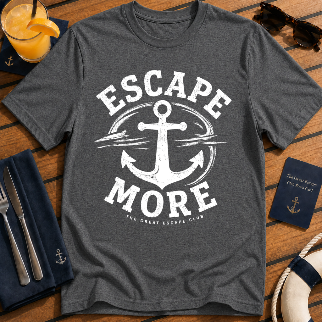 Escape More nautical anchor travel dark heather grey t-shirt for cruise lovers and adventure seekers by The Great Escape Club