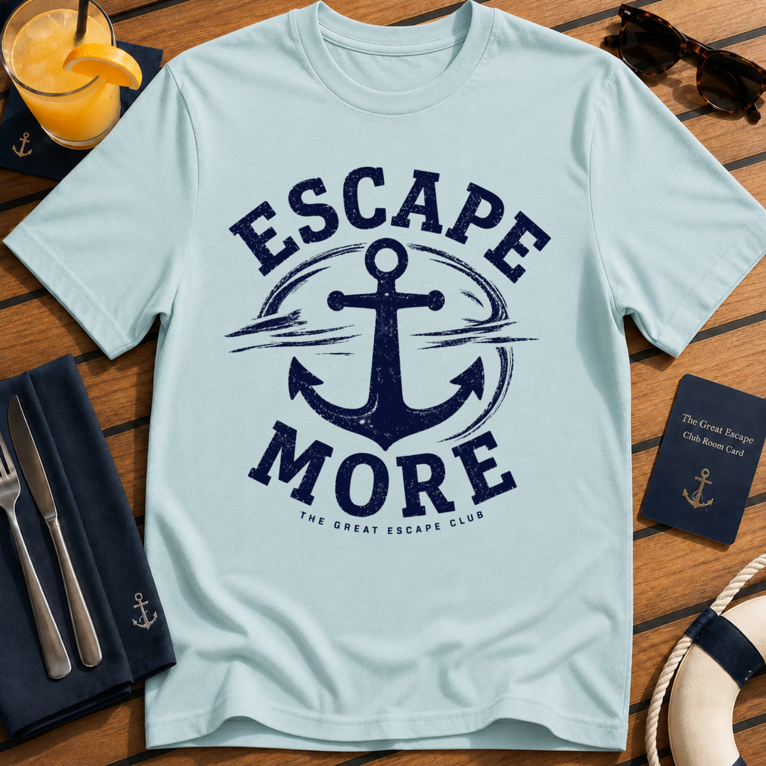 Escape More nautical anchor travel light blue t-shirt for cruise lovers and adventure seekers by The Great Escape Club