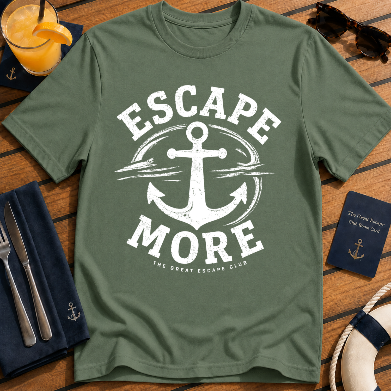 Escape More nautical anchor travel military green t-shirt for cruise lovers and adventure seekers by The Great Escape Club