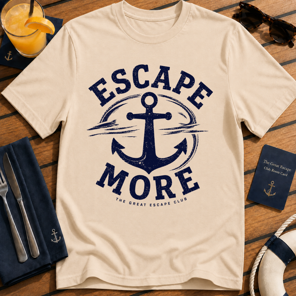 Escape More nautical anchor travel natural tan t-shirt for cruise lovers and adventure seekers by The Great Escape Club