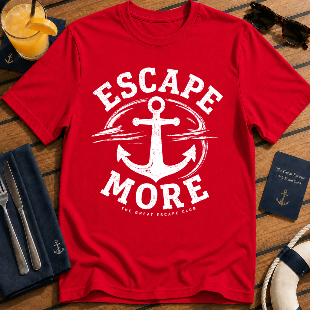 Escape More nautical anchor travel red t-shirt for cruise lovers and adventure seekers by The Great Escape Club