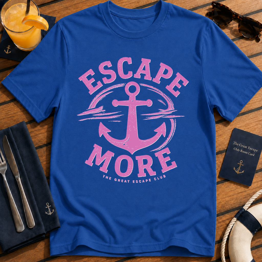 Escape More nautical anchor travel royal blue t-shirt for cruise lovers and adventure seekers by The Great Escape Club