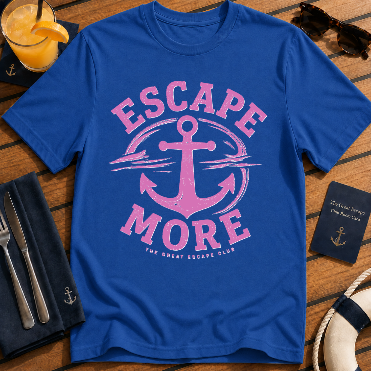 Escape More nautical anchor travel royal blue t-shirt for cruise lovers and adventure seekers by The Great Escape Club
