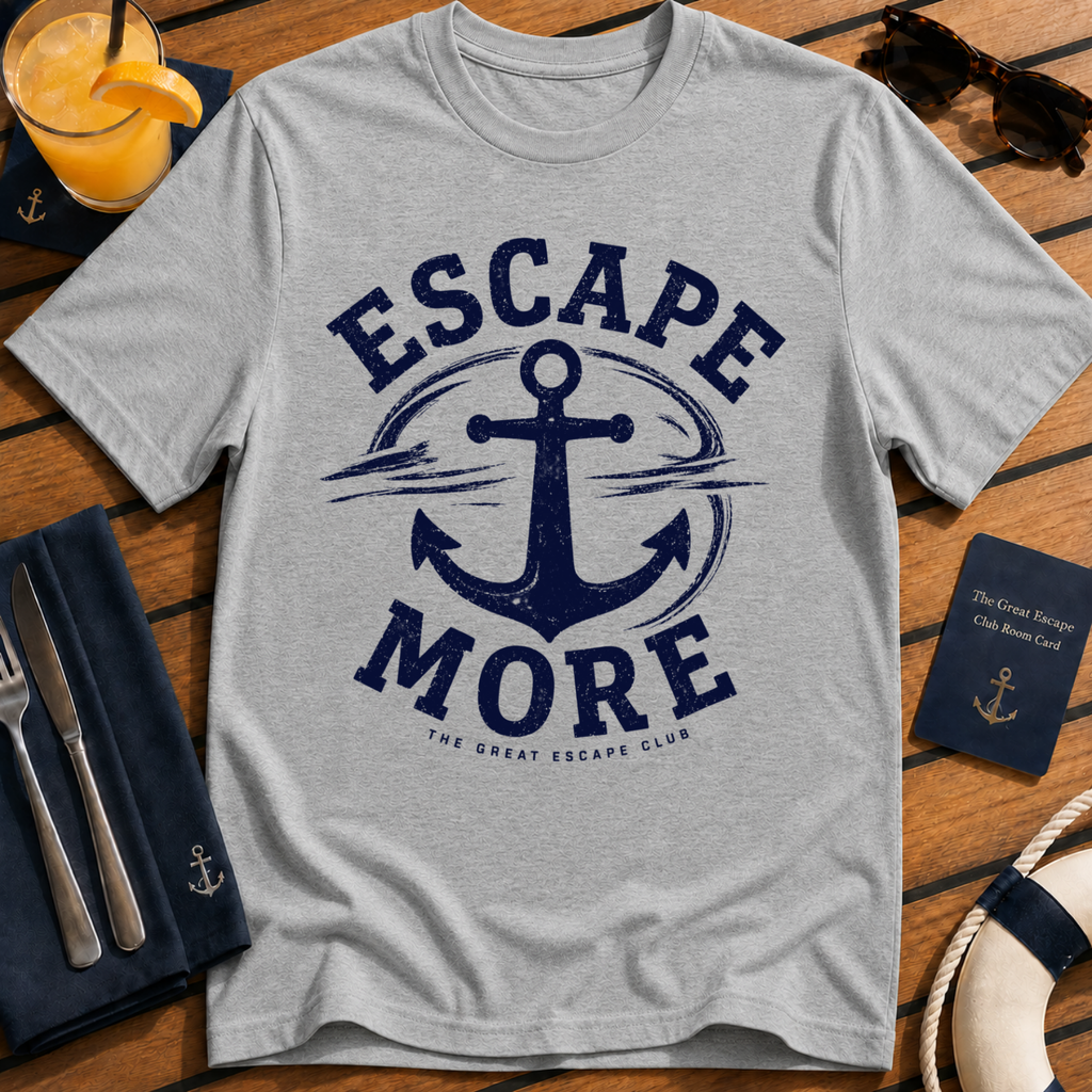 Escape More nautical anchor travel sports grey t-shirt for cruise lovers and adventure seekers by The Great Escape Club