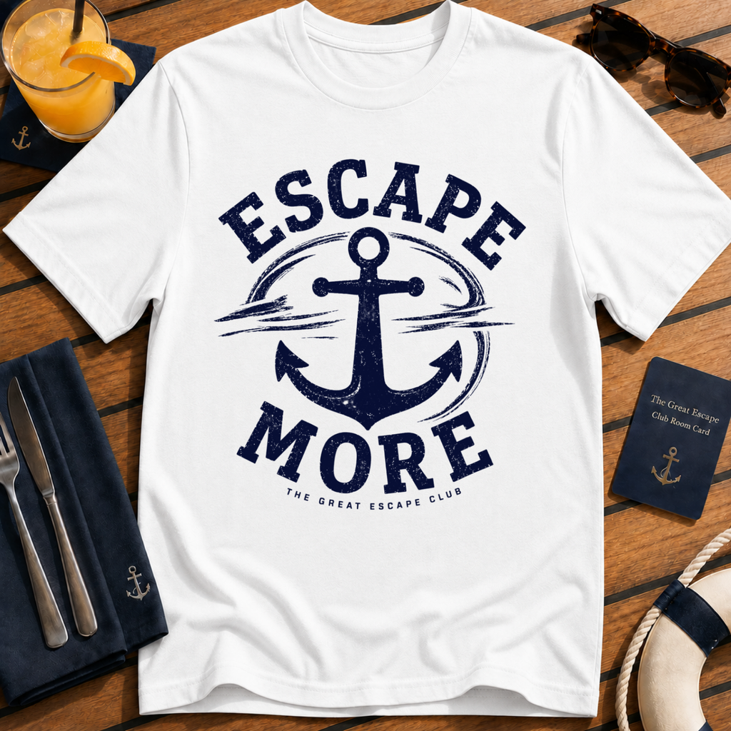 Escape More nautical anchor travel white t-shirt for cruise lovers and adventure seekers by The Great Escape Club