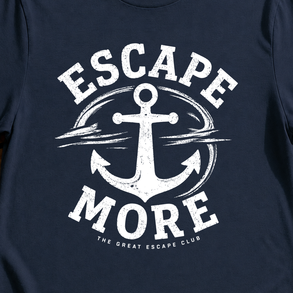 Escape More nautical anchor travel t-shirt for cruise lovers and adventure seekers by The Great Escape Club