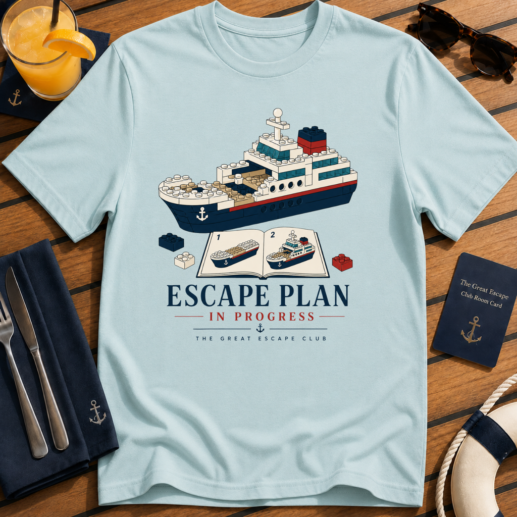 Escape Plan In Progress funny cruise planning t-shirt design on Light Blue shirt