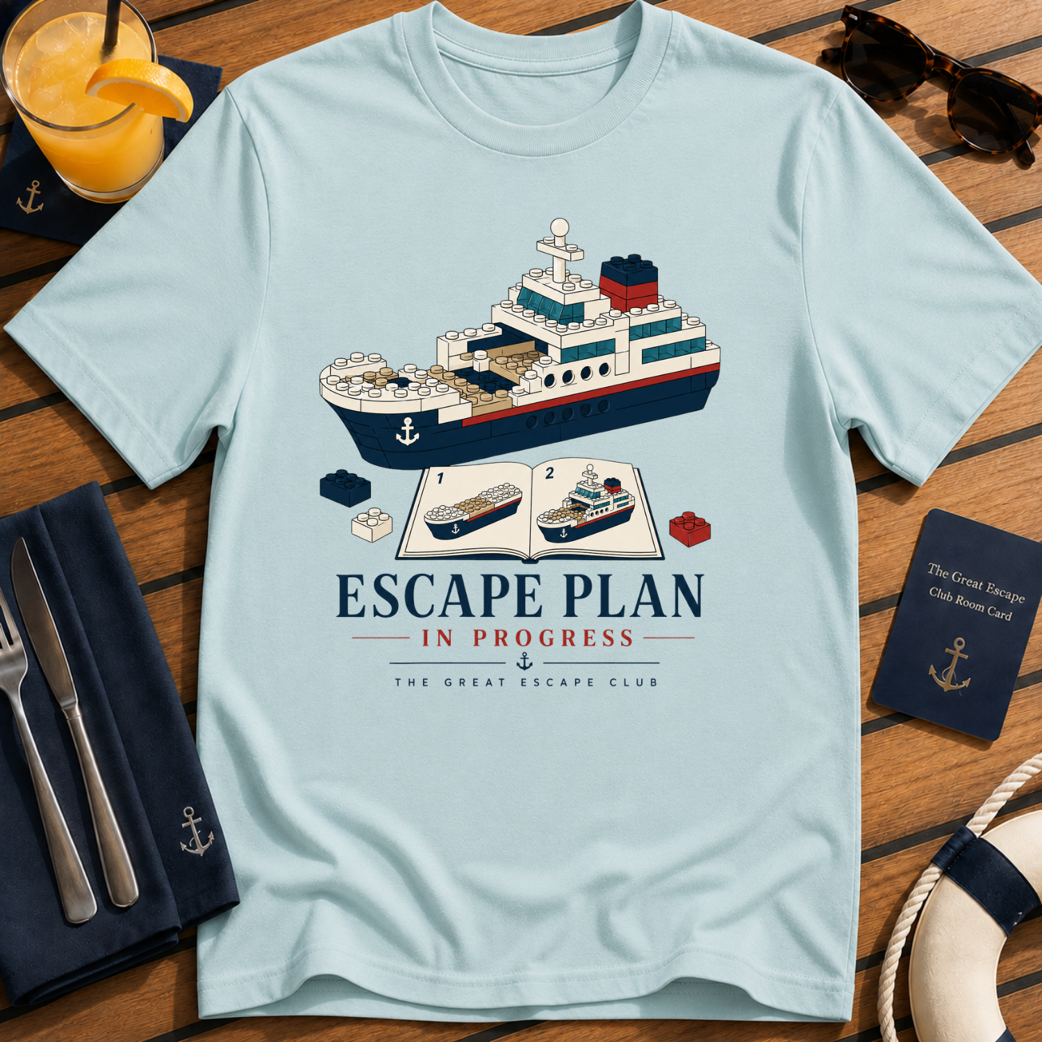 Escape Plan In Progress funny cruise planning t-shirt design on Light Blue shirt