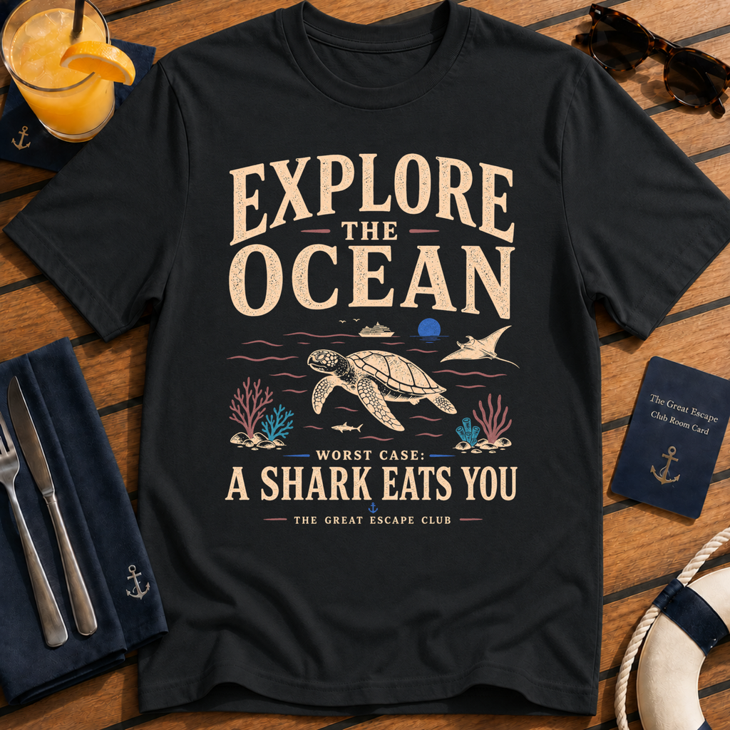 Explore The Ocean Shark Eats You funny shark ocean t-shirt design on Black shirt