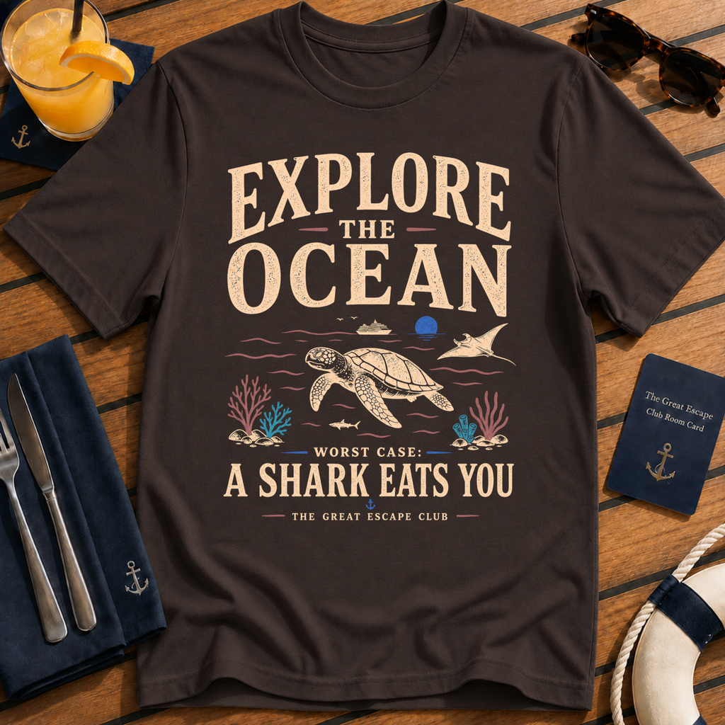 Explore The Ocean Shark Eats You funny shark ocean t-shirt design on Dark Chocolate shirt
