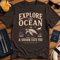 Explore The Ocean Shark Eats You funny shark ocean t-shirt design on Dark Chocolate shirt
