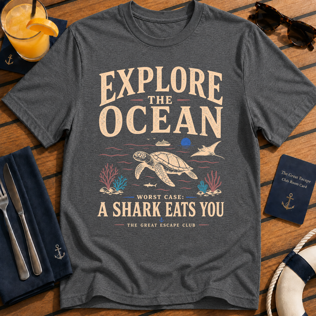 Explore The Ocean Shark Eats You funny shark ocean t-shirt design on Dark Heather shirt
