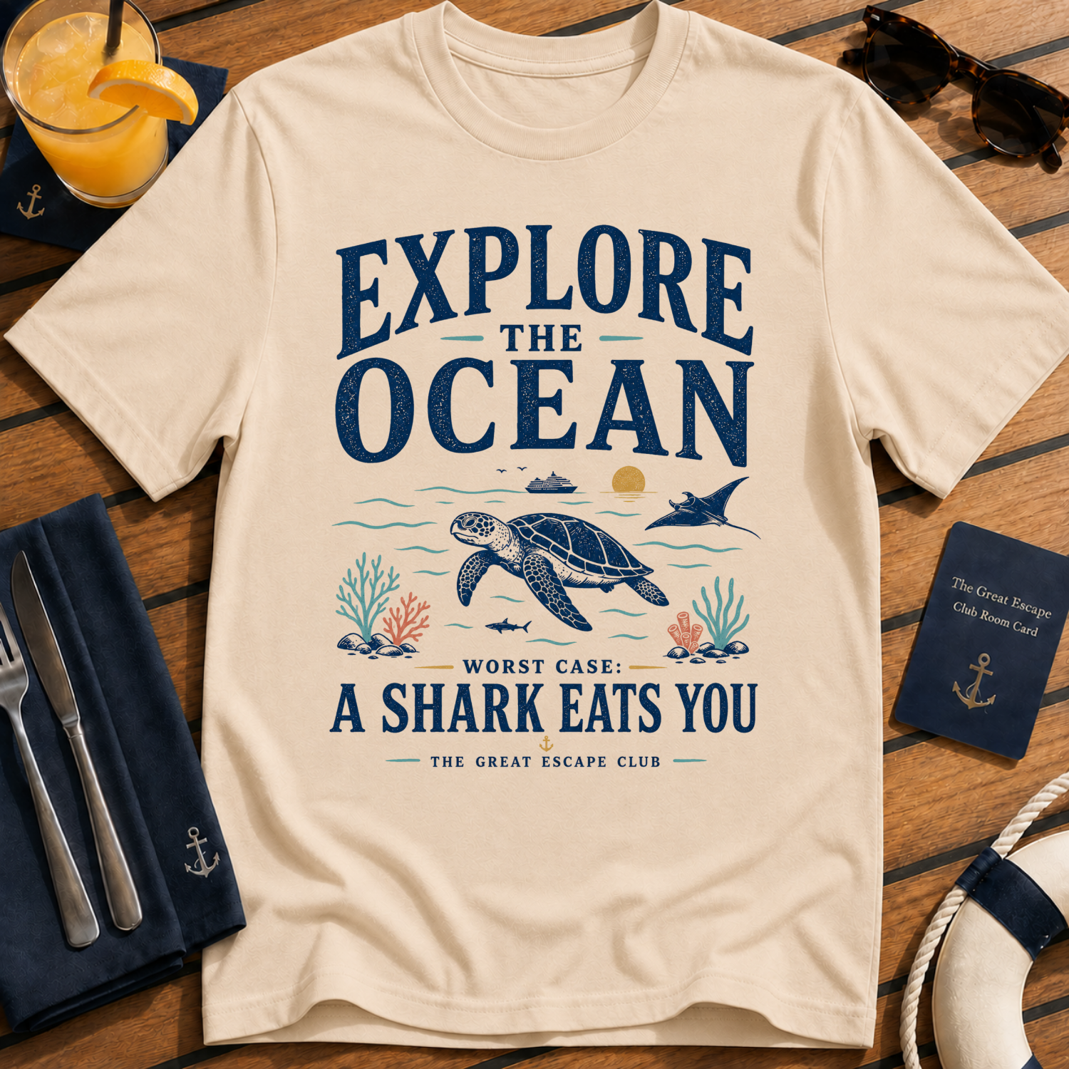 Explore The Ocean Shark Eats You funny shark ocean t-shirt design on Natural shirt