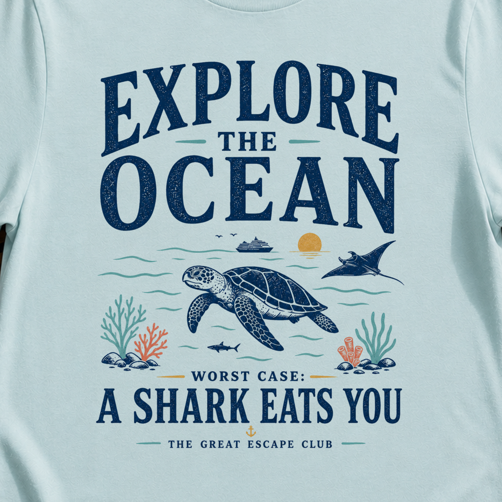 Explore The Ocean Shark Eats You funny shark ocean t-shirt design on Light Blue shirt