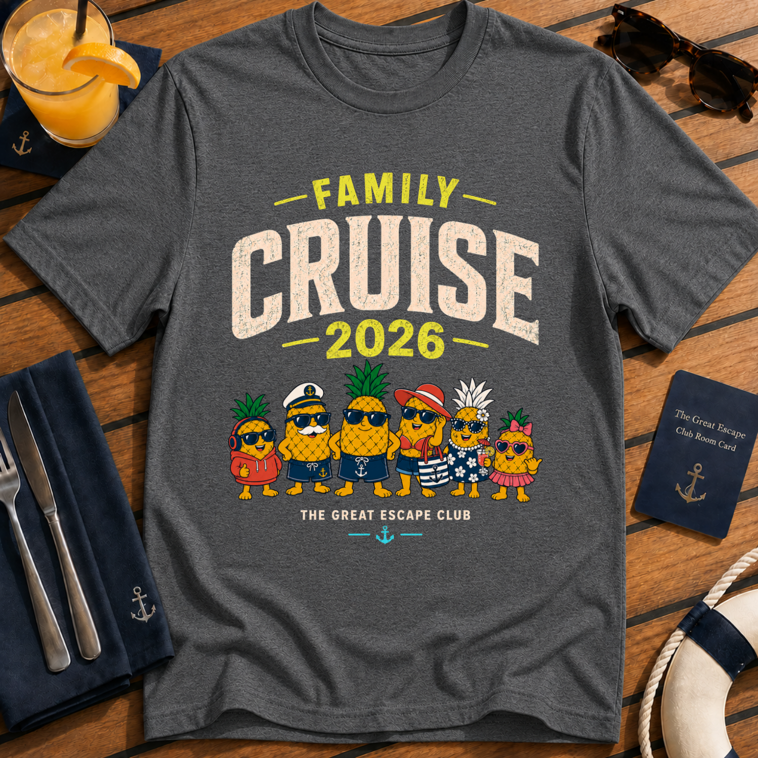 Family Cruise 2026 matching family cruise t-shirt design on Dark Heather shirt
