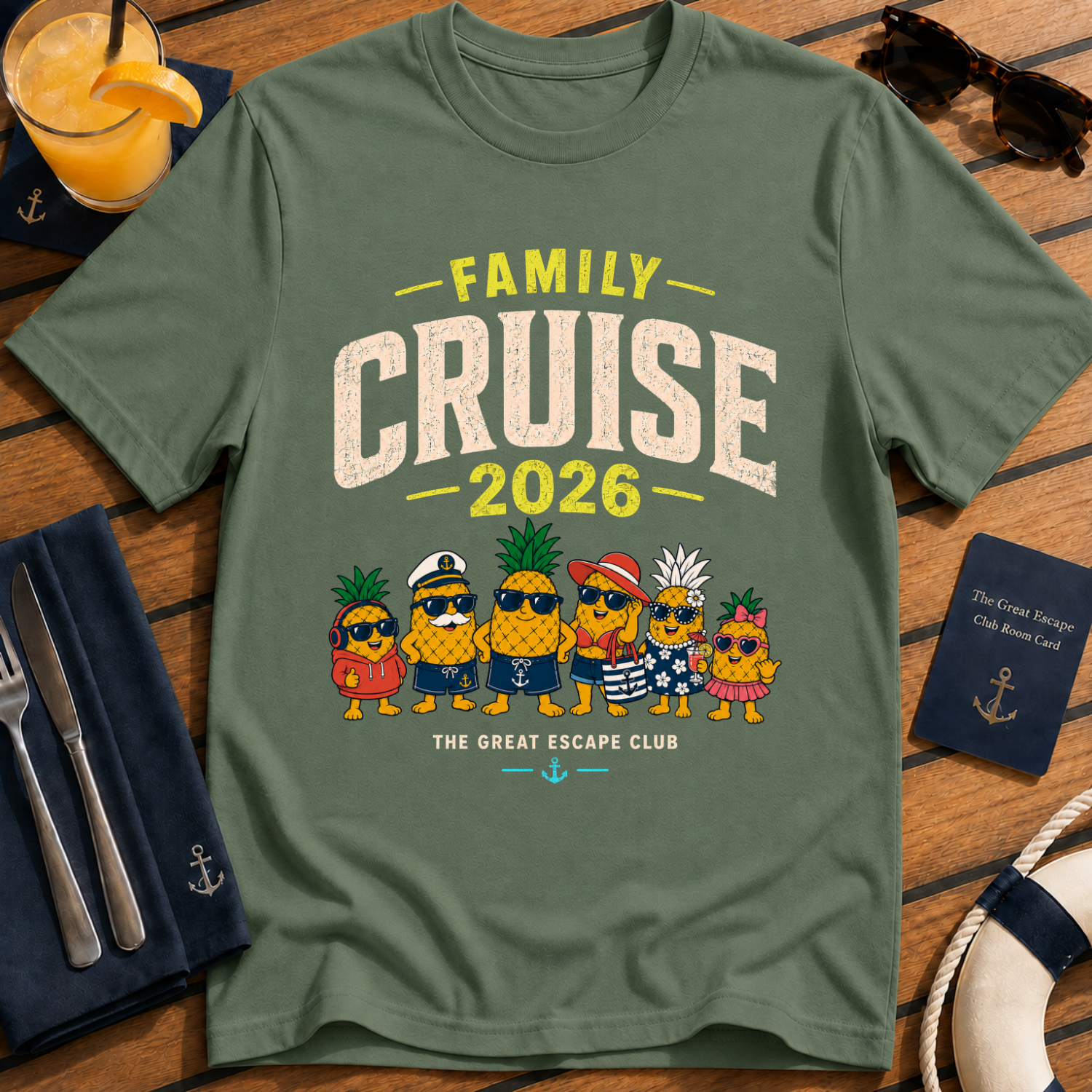Family Cruise 2026 matching family cruise t-shirt design on Military Green shirt