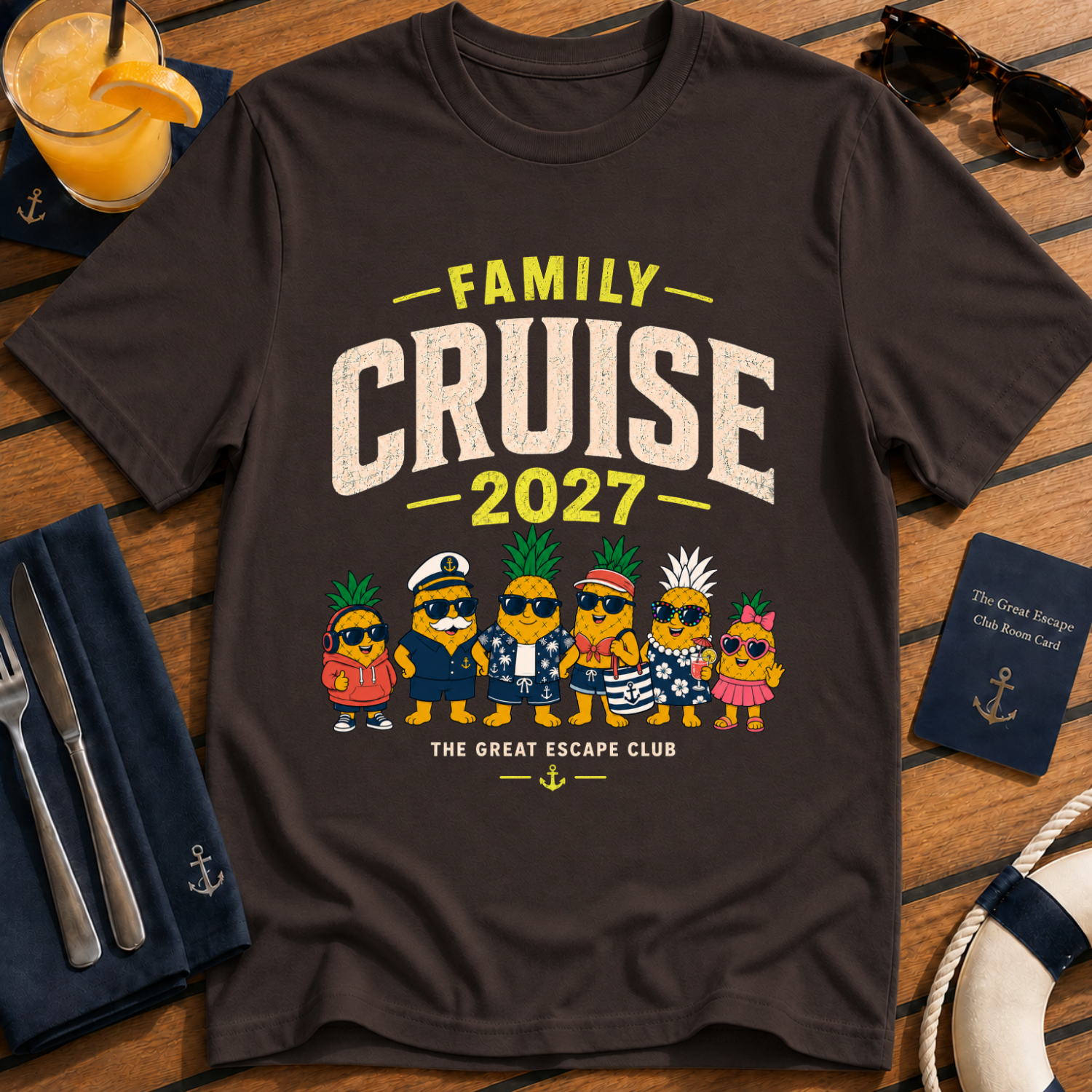Family Cruise 2027 matching family cruise t-shirt design on Dark Chocolate shirt