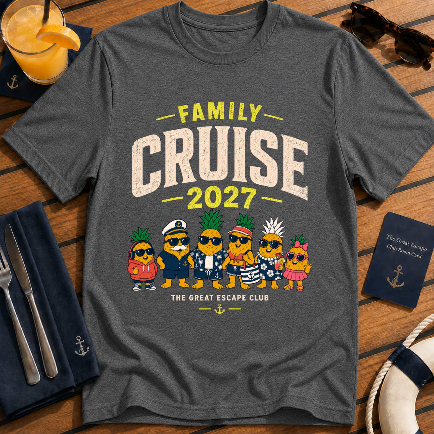 Family Cruise 2027 matching family cruise t-shirt design on Dark Heather shirt