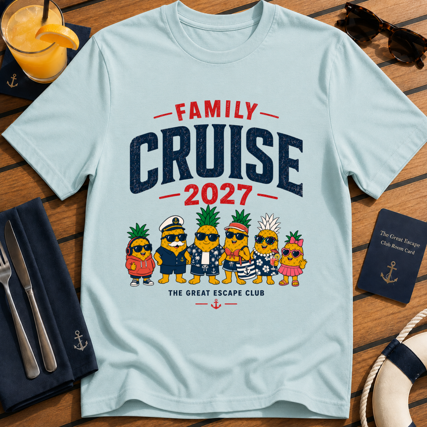 Family Cruise 2027 matching family cruise t-shirt design on Light Blue shirt