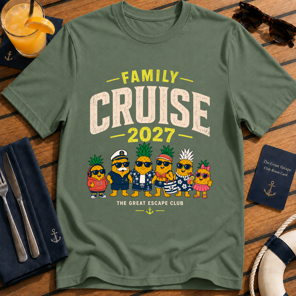 Family Cruise 2027 matching family cruise t-shirt design on Military Green shirt