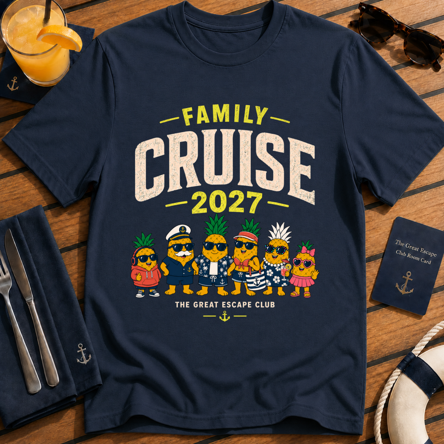 Family Cruise 2027 matching family cruise t-shirt design on Navy shirt