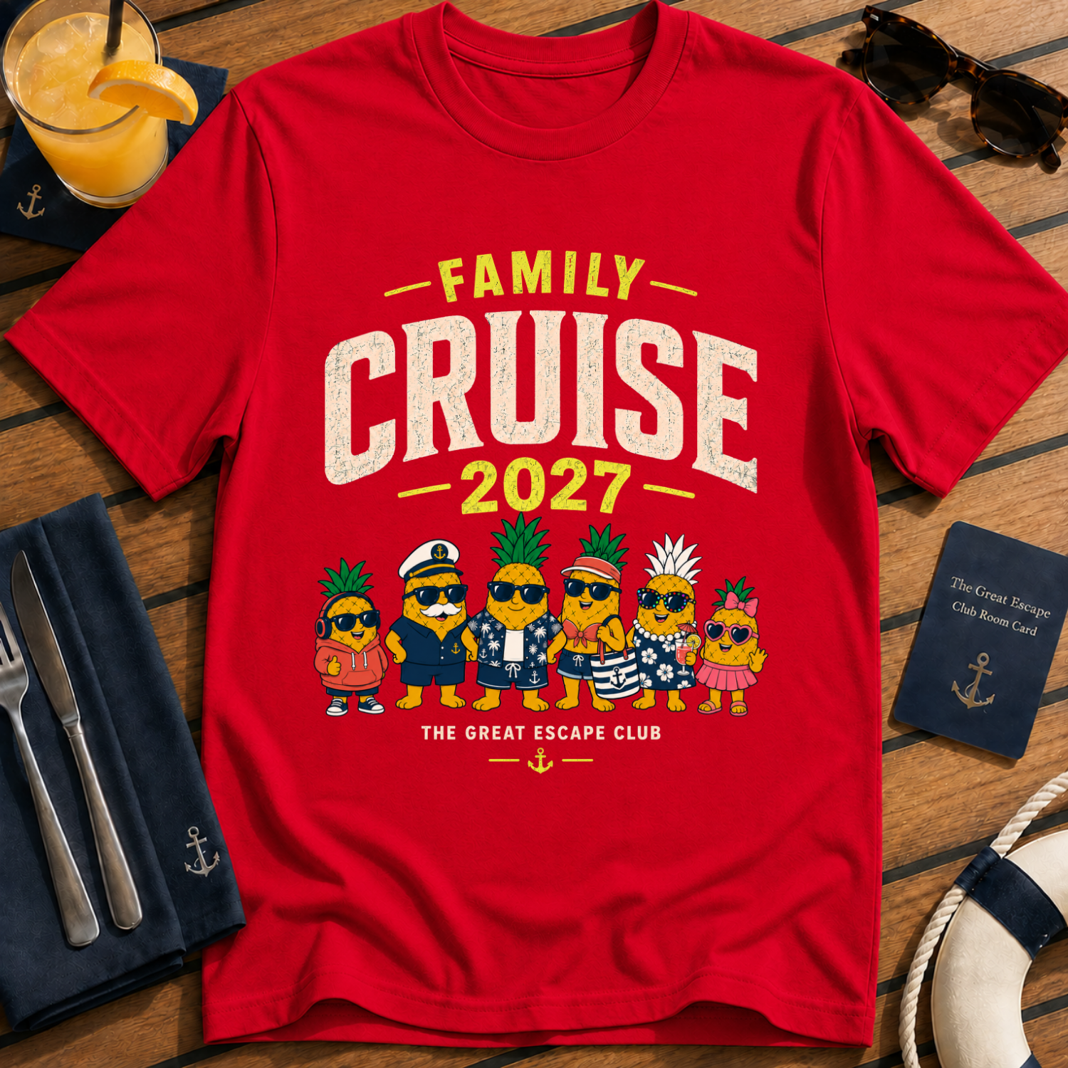 Family Cruise 2027 matching family cruise t-shirt design on Red shirt