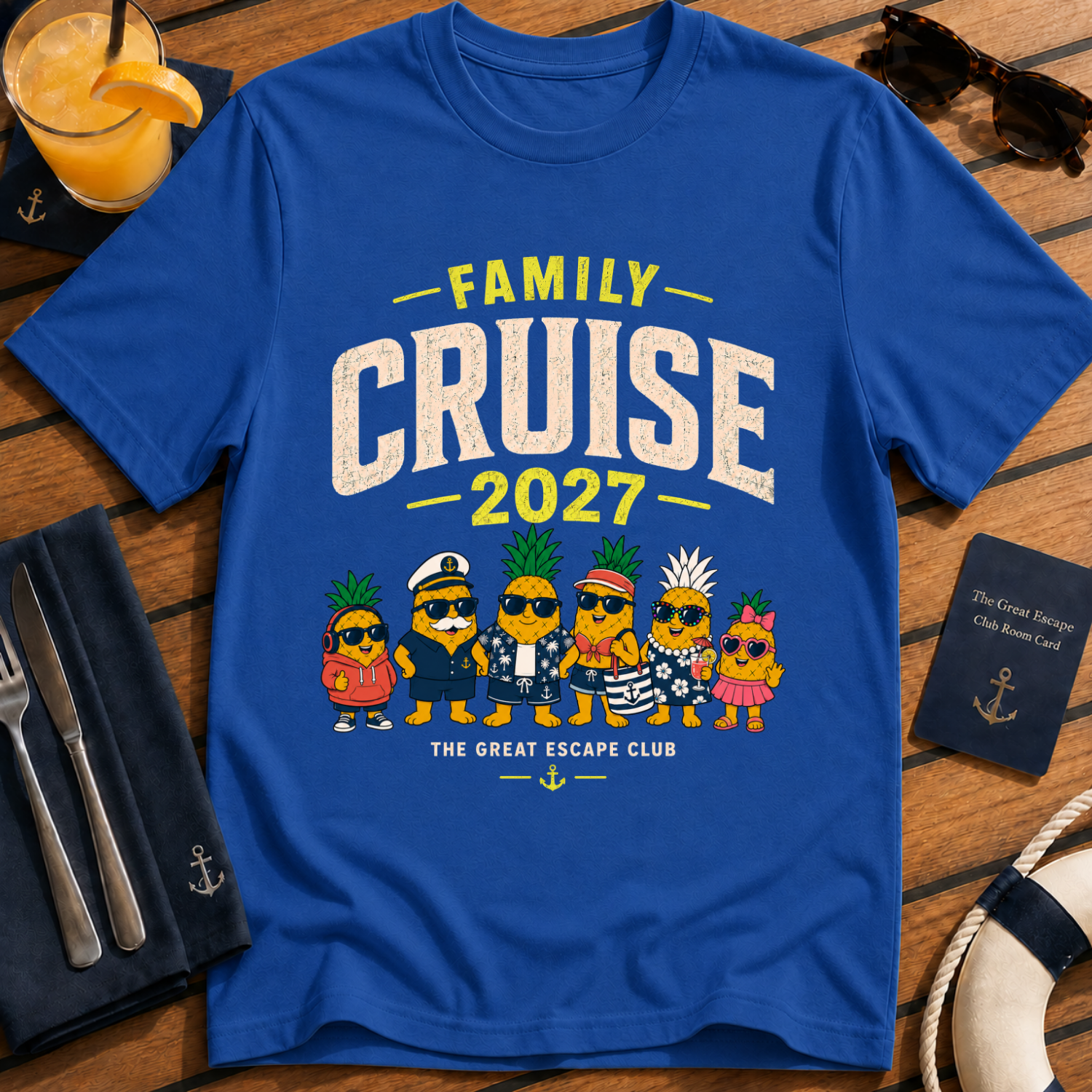 Family Cruise 2027 matching family cruise t-shirt design on Royal Blue shirt