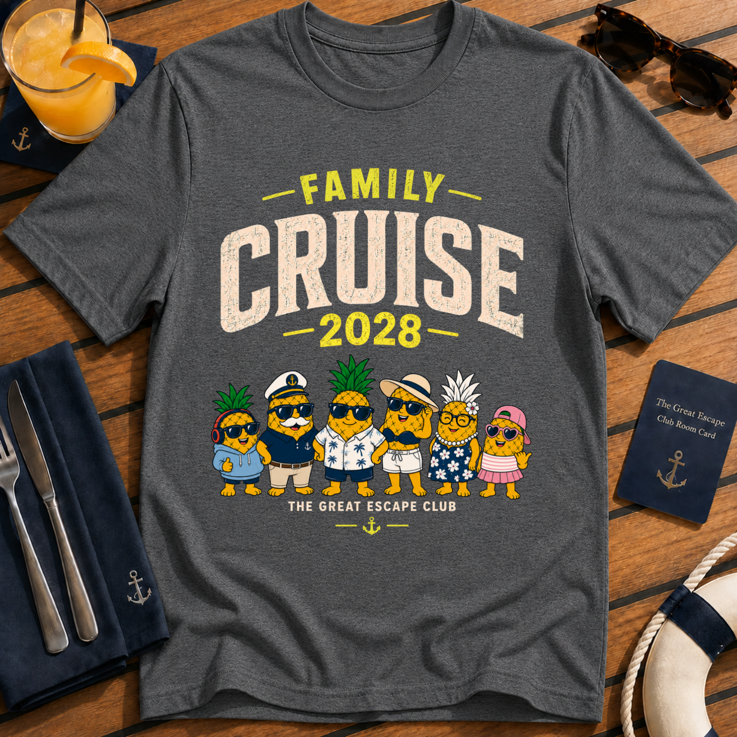 Family Cruise 2028 matching family cruise t-shirt design on Dark Heather shirt