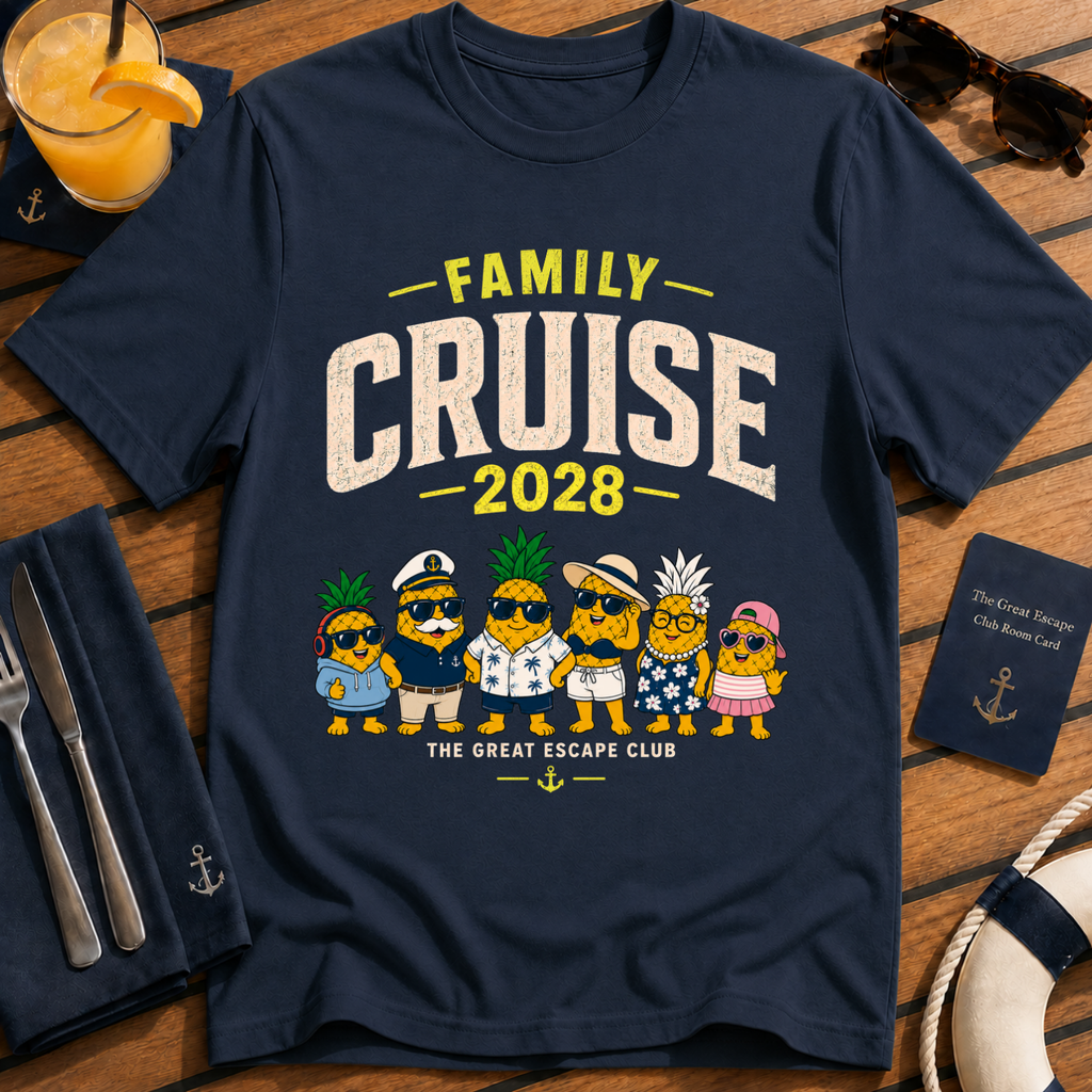 Family Cruise 2028 matching family cruise t-shirt design on Navy shirt