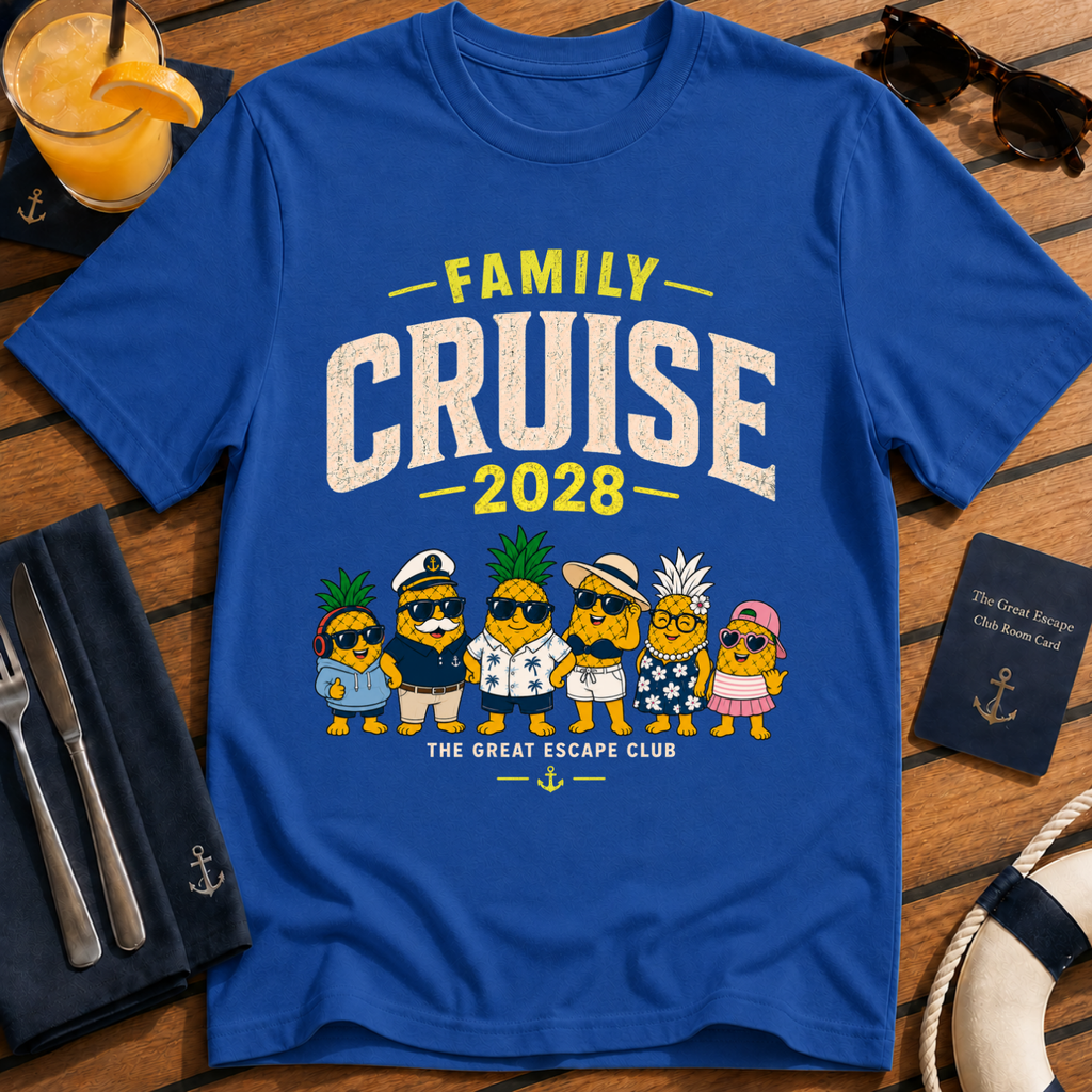 Family Cruise 2028 matching family cruise t-shirt design on Royal Blue shirt