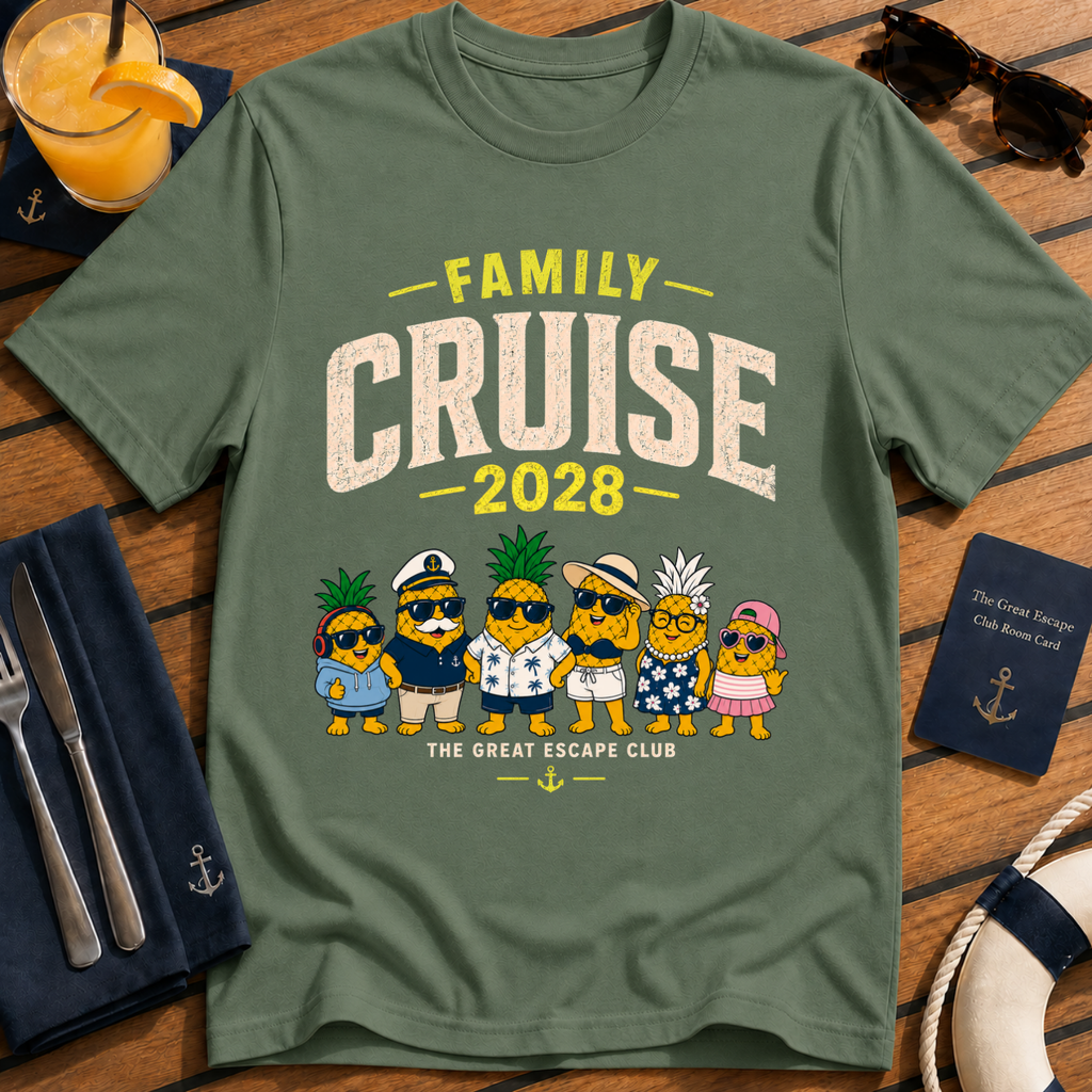 Family Cruise 2028 matching family cruise t-shirt design on Military Green shirt