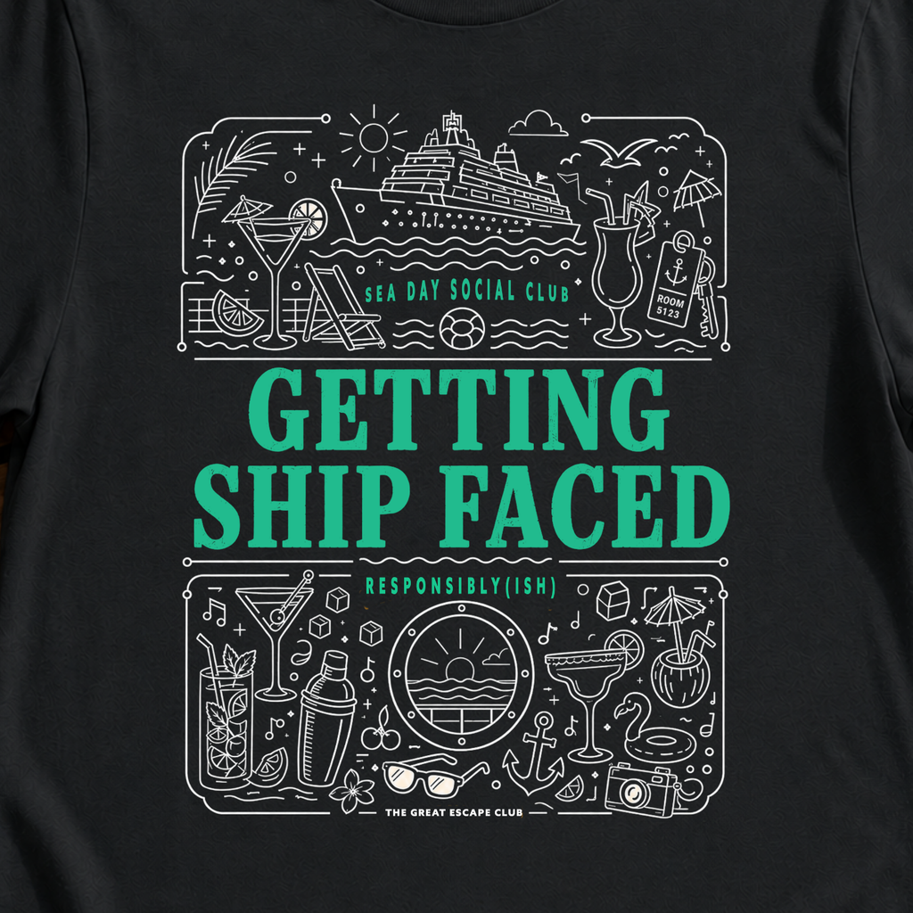 Getting Ship Faced funny cruise drinking t-shirt design on Black shirt