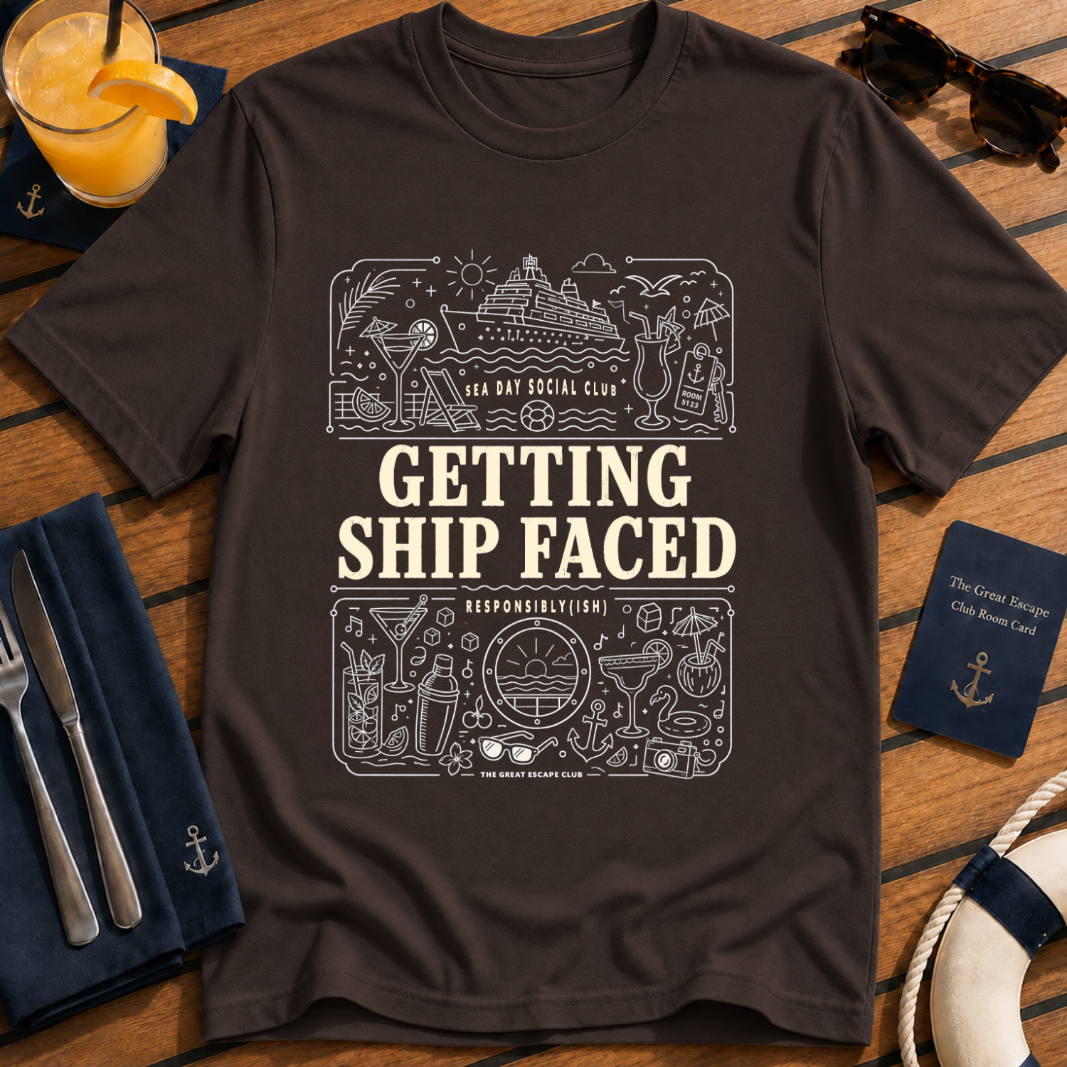 Getting Ship Faced funny cruise drinking t-shirt design on Dark Chocolate shirt