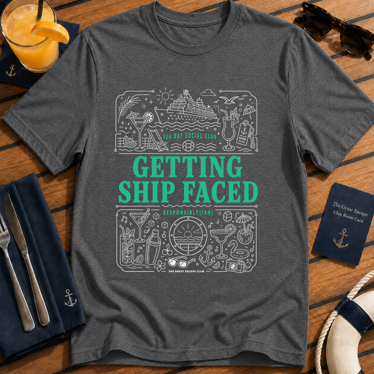 Getting Ship Faced funny cruise drinking t-shirt design on Dark Heather shirt