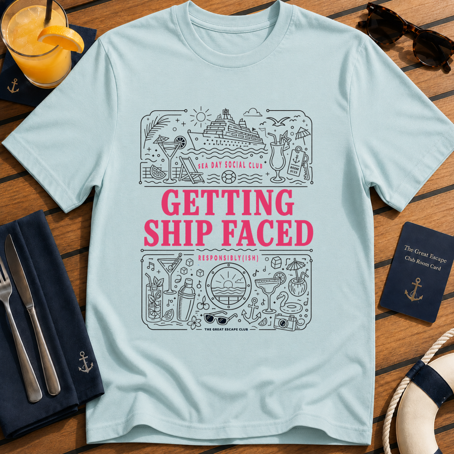 Getting Ship Faced funny cruise drinking t-shirt design on Light Blue shirt